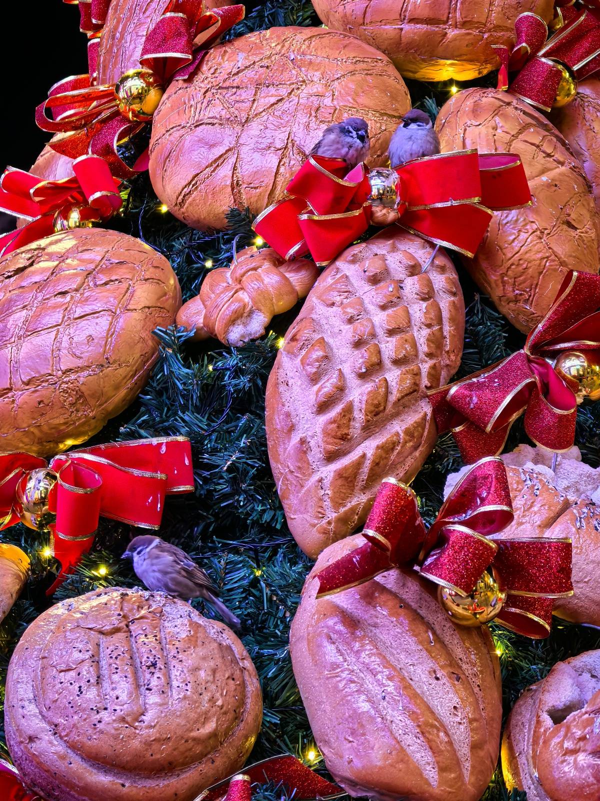 哈尔滨一大列巴面包树成麻雀过冬粮仓，设计师：一百多个面包做成，已有两年